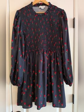 Never Fully Dressed Black Rose Mini Dress Smocked Puff Sleeve Women's Size 16